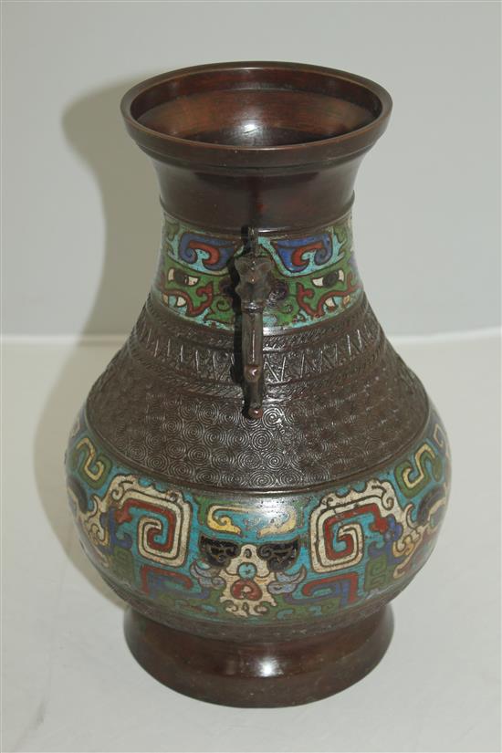 A Japanese bronze and champleve enamel baluster vase, late 19th century, 29.5cm